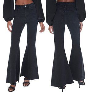 Forever 21 Mid-Rise 70s Bell Flare Raw Hem Jeans in Washed Black Denim Size 27